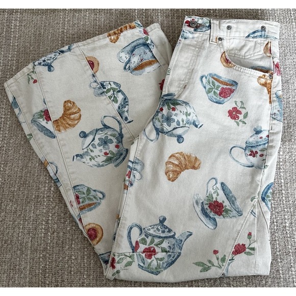 We The Free Denim - Free People Eden Brunch Jeans Size 26 Printed Barrel Teapot Croissant Sold Out